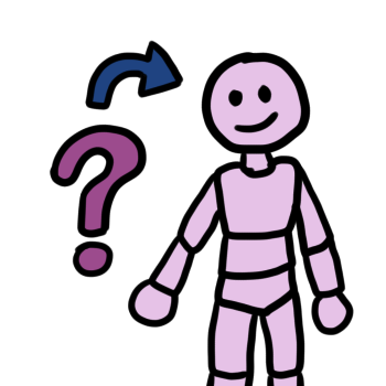 a blank person figure with a smiling face and separations where their body would bend is pointed at by a blue arrow and a purple question mark